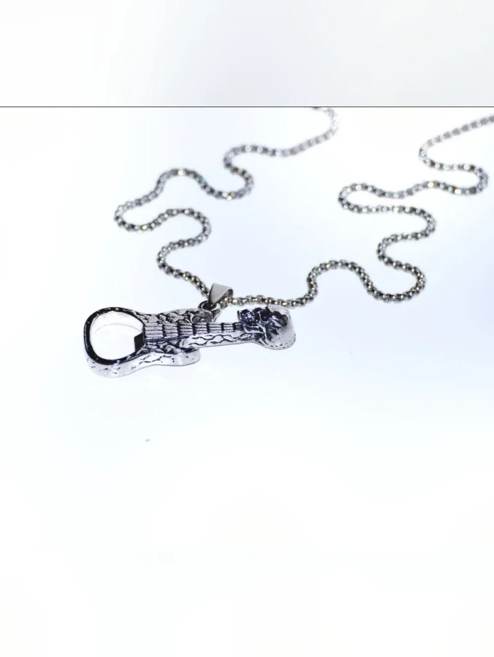 Men's Skull Guitar Bottle Opener Necklace w/ Pendant – Silver style Biker & Rock